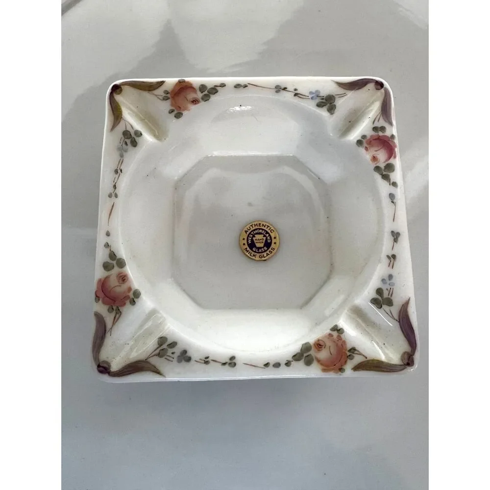 Vintage Westmoreland milk glass ashtray; painted roses